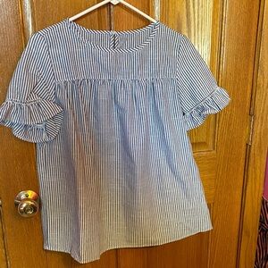 SHEIN Blue and White Striped Blouse with Ruffle Sleeves